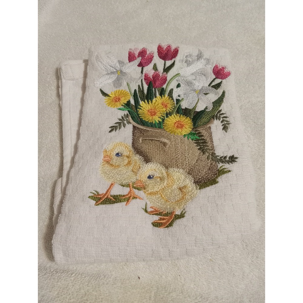 Embroidered Kitchen Towel Chicks Floral Spring Easter‎ Decor White
